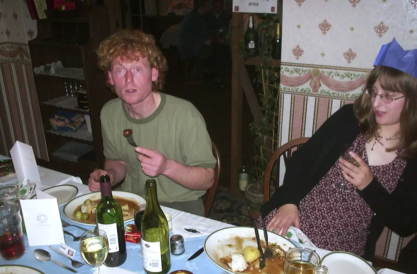 Wavy looks up as Suey tries to get out of the way, from The BSCC Christmas Dinner, Brome Swan, Suffolk - 7th December 2001