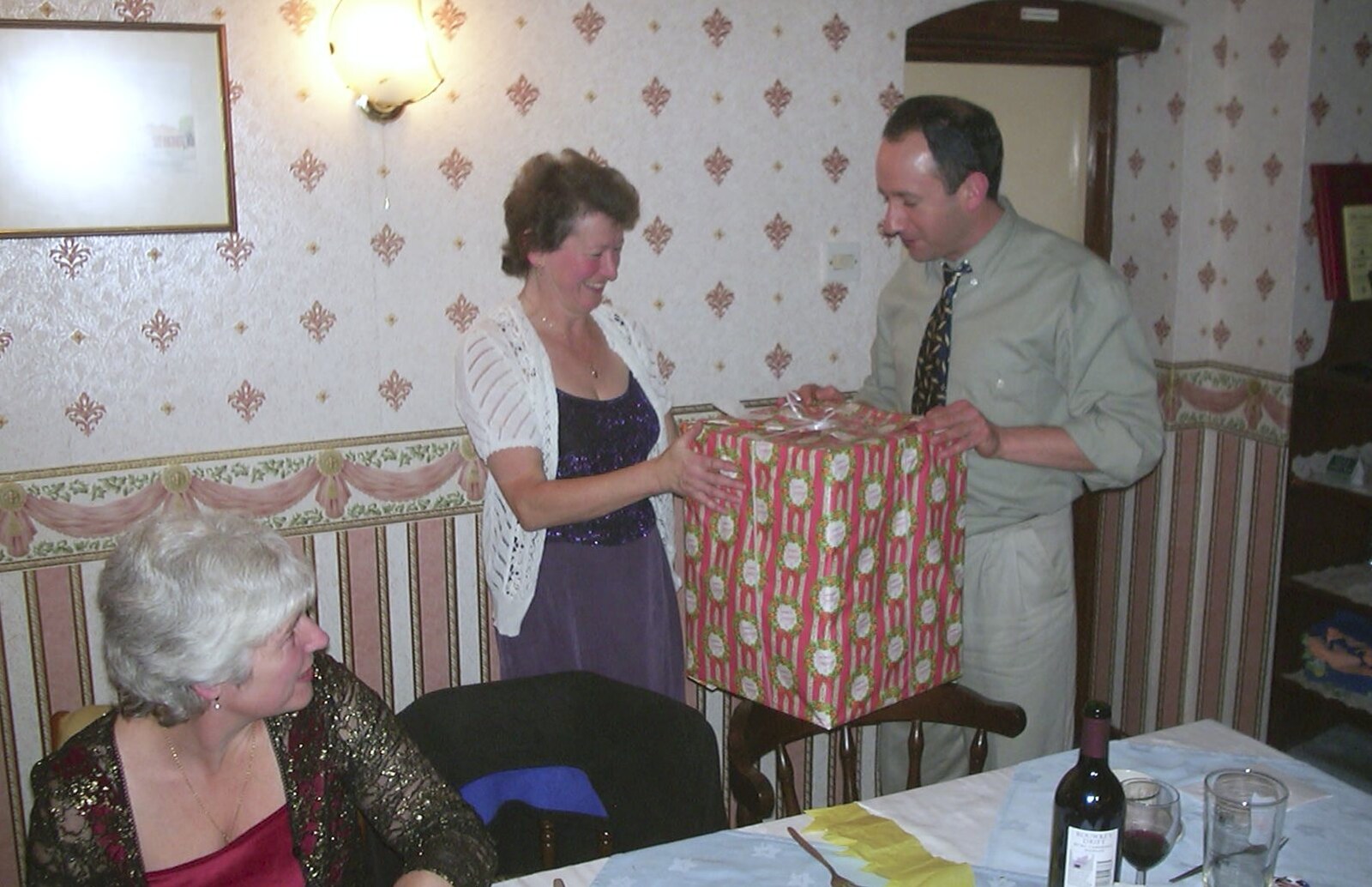 Sylvia gets a large mystery box from The BSCC Christmas Dinner, Brome Swan, Suffolk - 7th December 2001