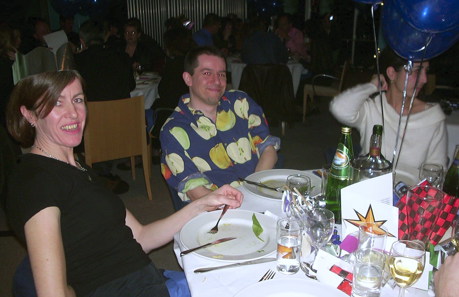 Dom's friend, and Dominic with a loud shirt from 3G Lab Christmas Party, Q-Ton Centre, Cambridge - 20th December 2001