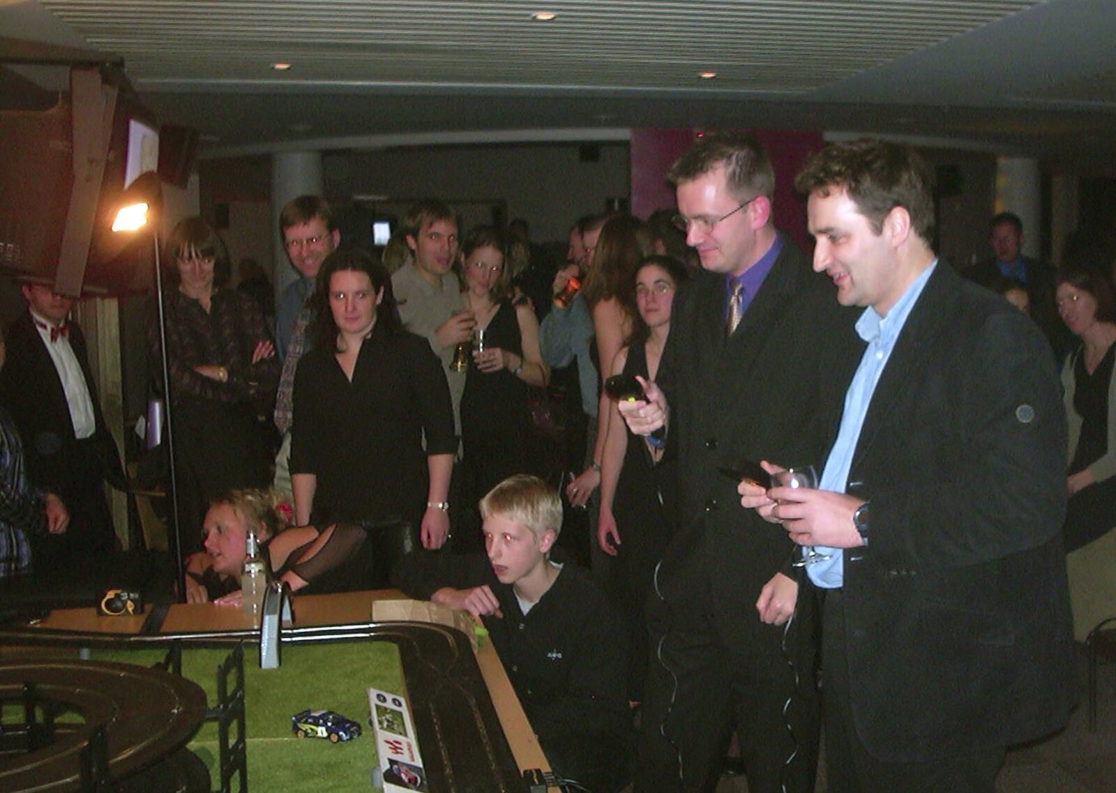 Nosher and Dan play Scalextric from 3G Lab Christmas Party, Q-Ton Centre, Cambridge - 20th December 2001