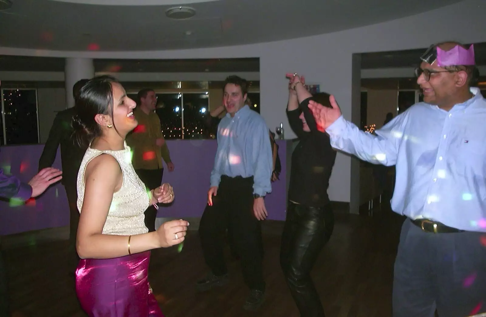 Dancing in the disco lights, from 3G Lab Christmas Party, Q-Ton Centre, Cambridge - 20th December 2001