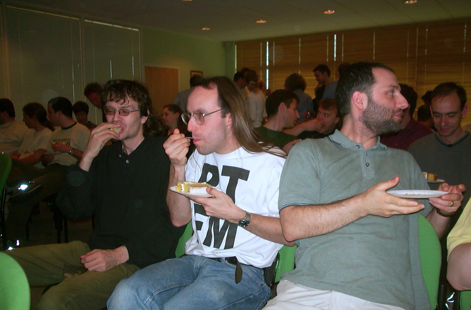 Richard and Dave eat cake from Marc Chops Trees, Richard Stallman and a March Miscellany, Suffolk and Cambridge - 5th March 2002