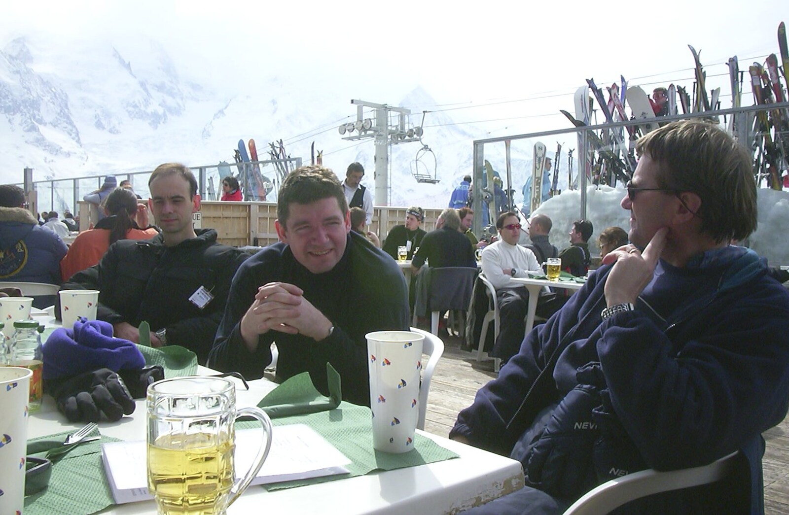 Yann, Paul and a mug of beer from 3G Lab Goes Skiing In Chamonix, France - 12th March 2002