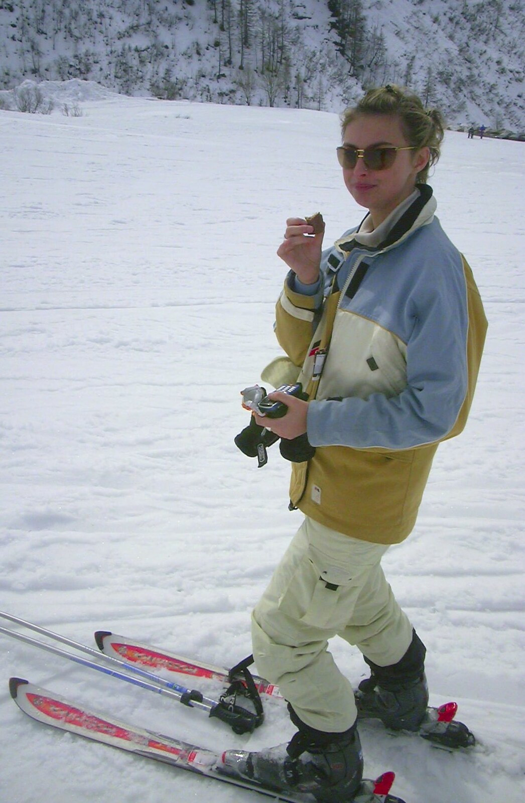 Wendy scoffs something from her secret stash from 3G Lab Goes Skiing In Chamonix, France - 12th March 2002