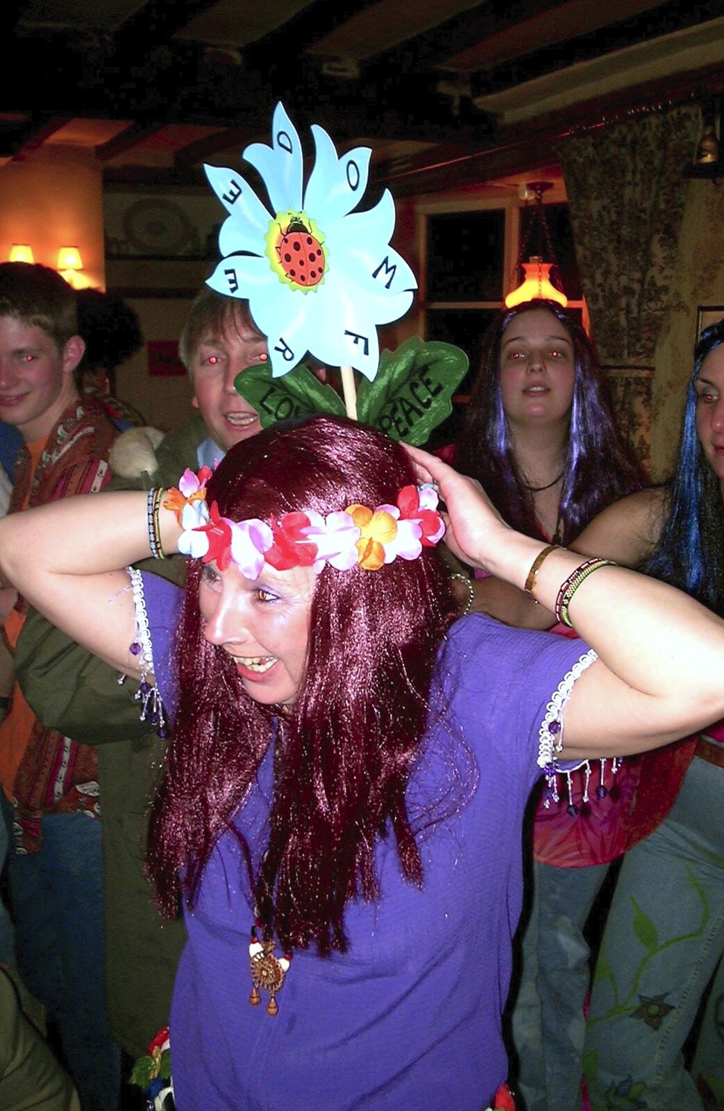 Sue and DH's 30th and 40th Party, The Swan, Suffolk - 18th March 2002: Jenny's got Suey's flower on her head