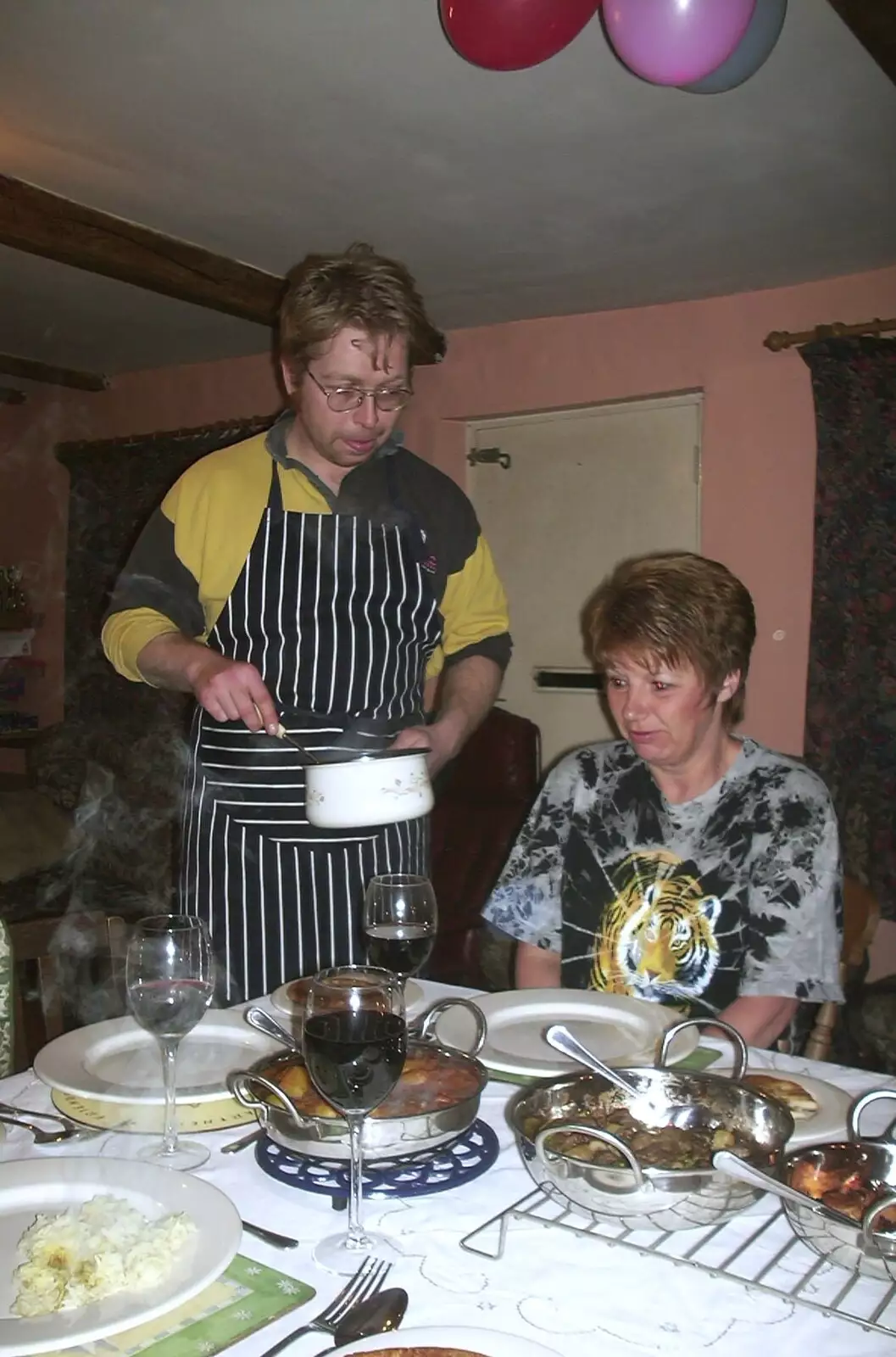 Marc brings some food over, from Anne's Birthday Curry and Cake, The Swan Inn, Brome - 24th March 2002