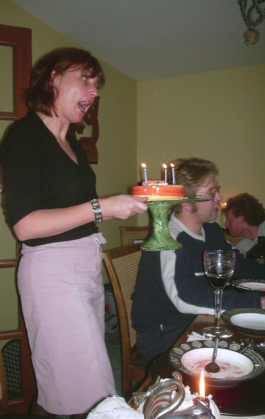 Anne brings in a birthday cake from Suey's Actual Birthday, Thorndon, Suffolk - 2nd April 2002