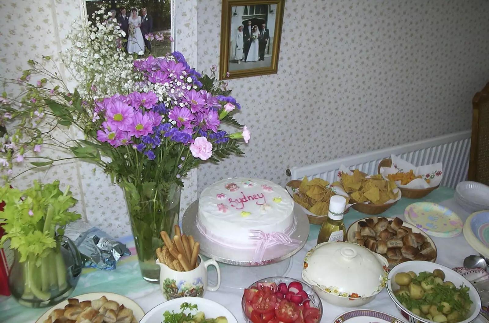 Food and a cake is laid on, from Sydney's Christening, Hordle, Hampshire - 4th May 2002