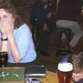 Anne laughs as Apple disappears under the table, The BSCC Bike Ride, Shefford, Bedford - 11th May 2002