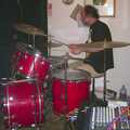 The drummer thrashes the kit, The BBs at the Cider Shed, Banham, Norfolk - 24th May 2002