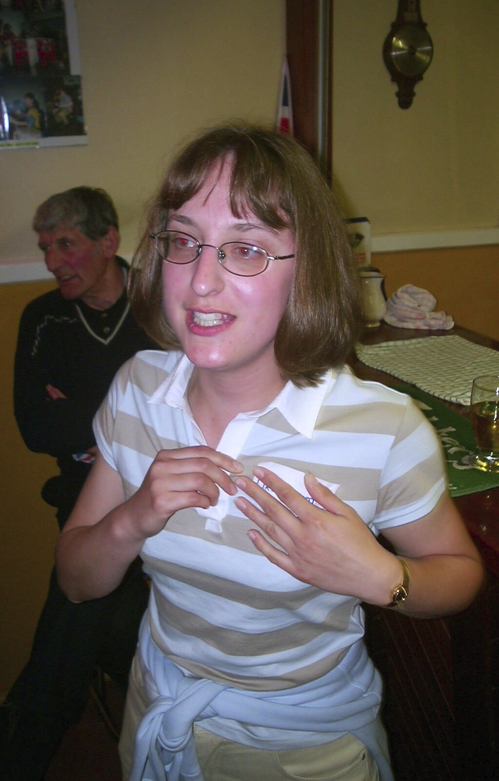 Suey sticks a badge on from Golden Jubilee Celebrations, The Village Hall, Brome, Suffolk - 4th June 2002