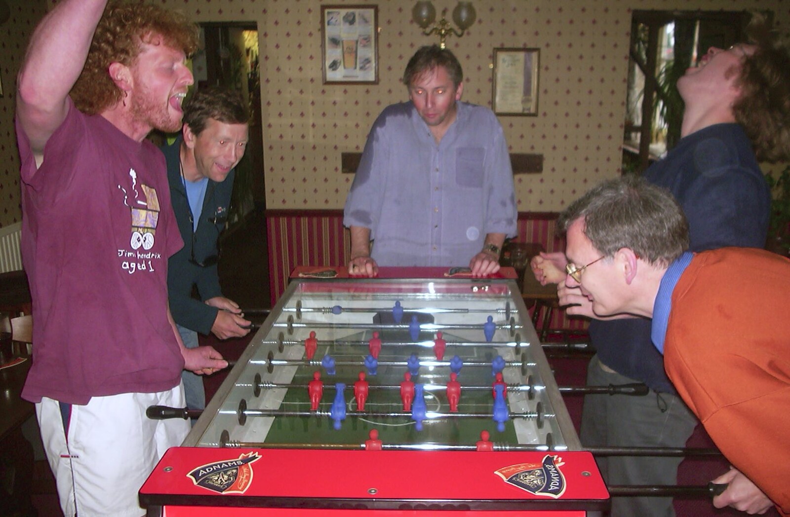 A Rainy Barbeque at the Swan Inn, Brome, Suffolk - 15th June 2002: Wavy wins a point on table football