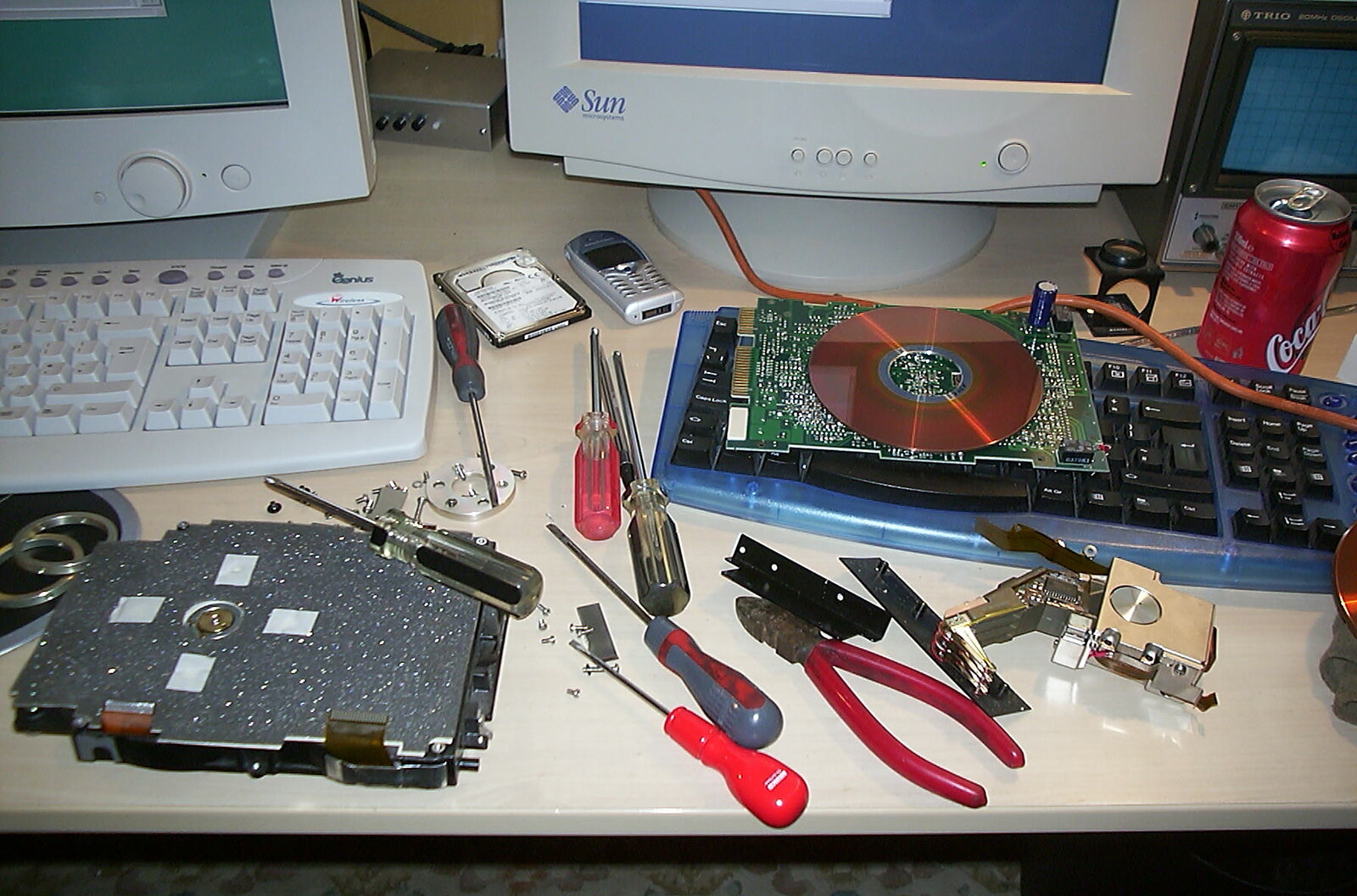 Tools on the desk from A Hard-Drive Clock and Other Projects, Brome, Suffolk - 28th June 2002