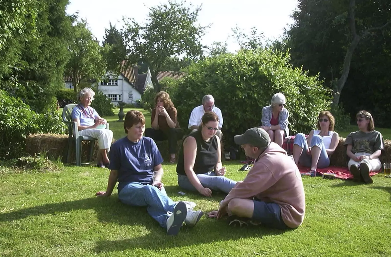 DH's mum comes out to chat for a bit, from DH's BSCC Barbeque, The Old Post Office, Brome, Suffolk - 7th July 2002