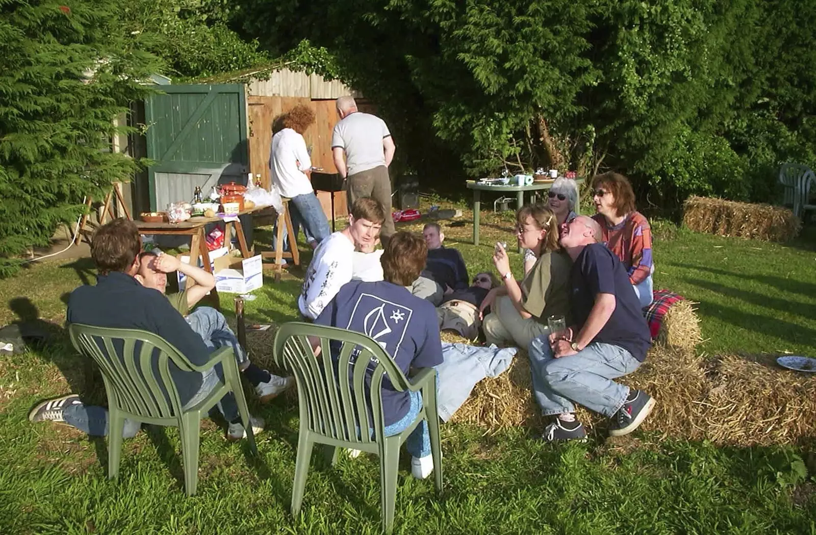 The barbeque crowd in DH's garden, from DH's BSCC Barbeque, The Old Post Office, Brome, Suffolk - 7th July 2002