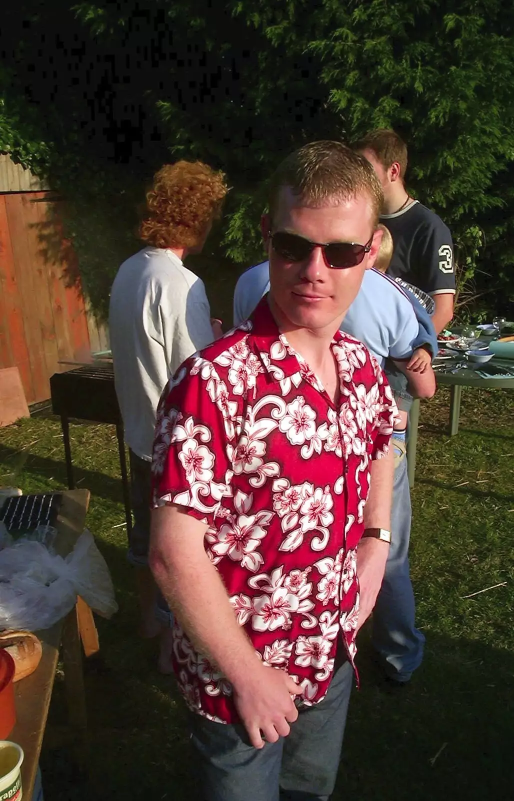 Mikey P appears, with a loud shirt, from DH's BSCC Barbeque, The Old Post Office, Brome, Suffolk - 7th July 2002