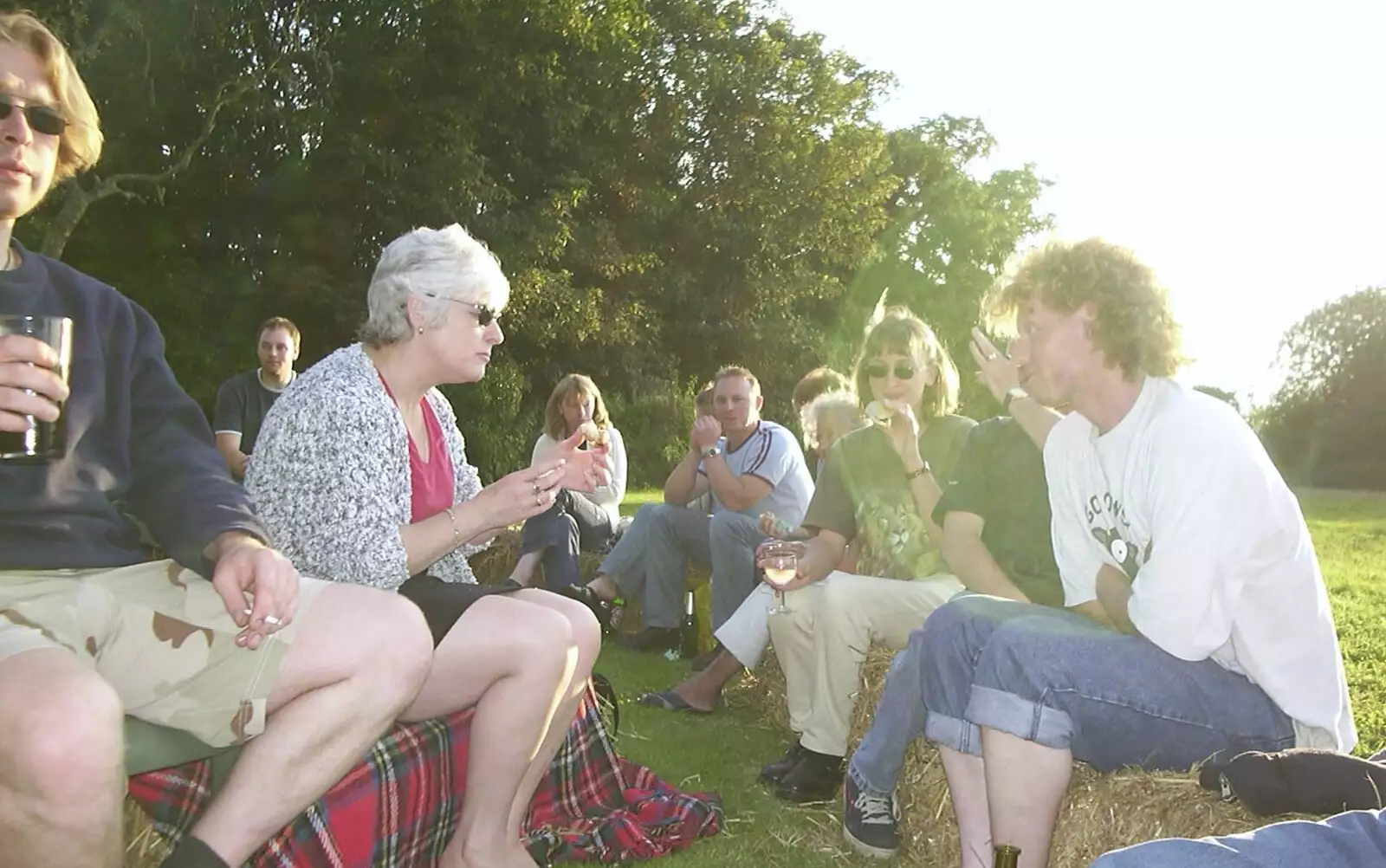 Conversation in the evening sun, from DH's BSCC Barbeque, The Old Post Office, Brome, Suffolk - 7th July 2002