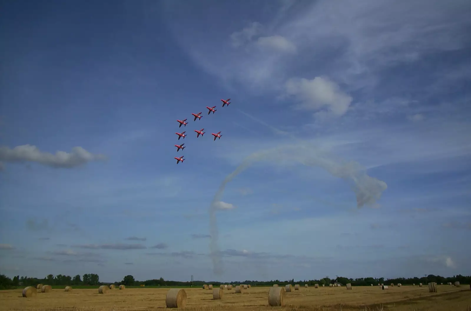 The Red Arrows fly over the back field, from Alan gets a Cherry Picker, Brome, Suffolk - 2nd August 2002