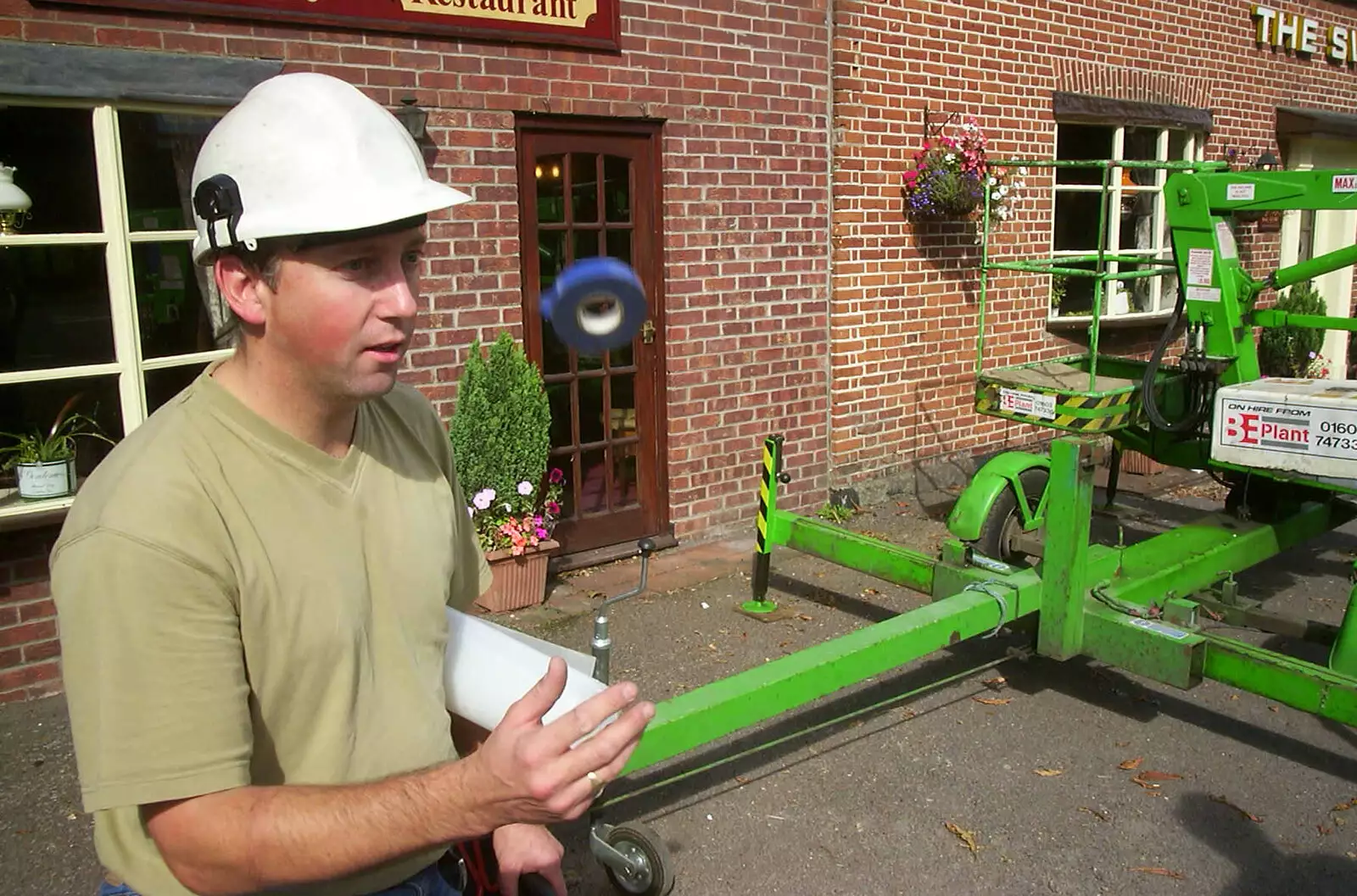 Nigel in a hard hat, from Alan gets a Cherry Picker, Brome, Suffolk - 2nd August 2002