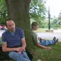 DH and The Boy Phil under a tree, A BSCC Splinter Group Camping Weekend, Theberton, Suffolk - 11th August 2002