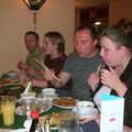 Clare 'Geezer' LH weilds some chopsticks, Michelle's 3G Lab Birthday, The Mews, St. Ives, Cambridgeshire - 20th September 2002