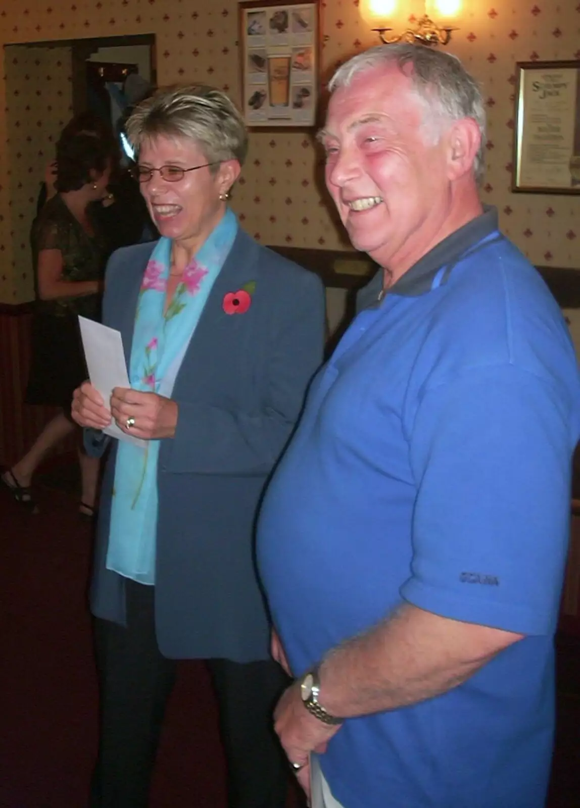 Colin and the charity representative, from A BSCC Presentation, Brome Swan, Suffolk - 9th November 2002