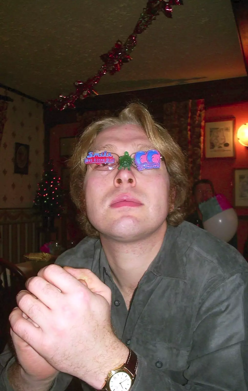 Marc's got some interesting glasses, from The BSCC Christmas Dinner, Brome Swan, Suffolk - 10th December 2002