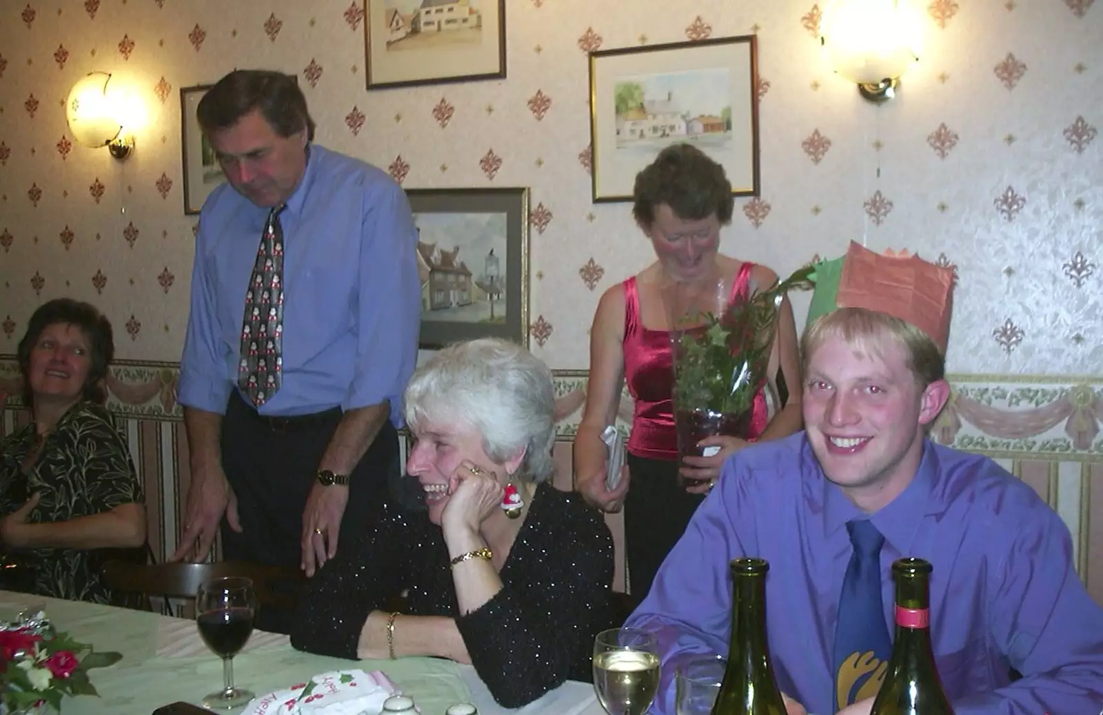 Spammy gets a plant, from The BSCC Christmas Dinner, Brome Swan, Suffolk - 10th December 2002