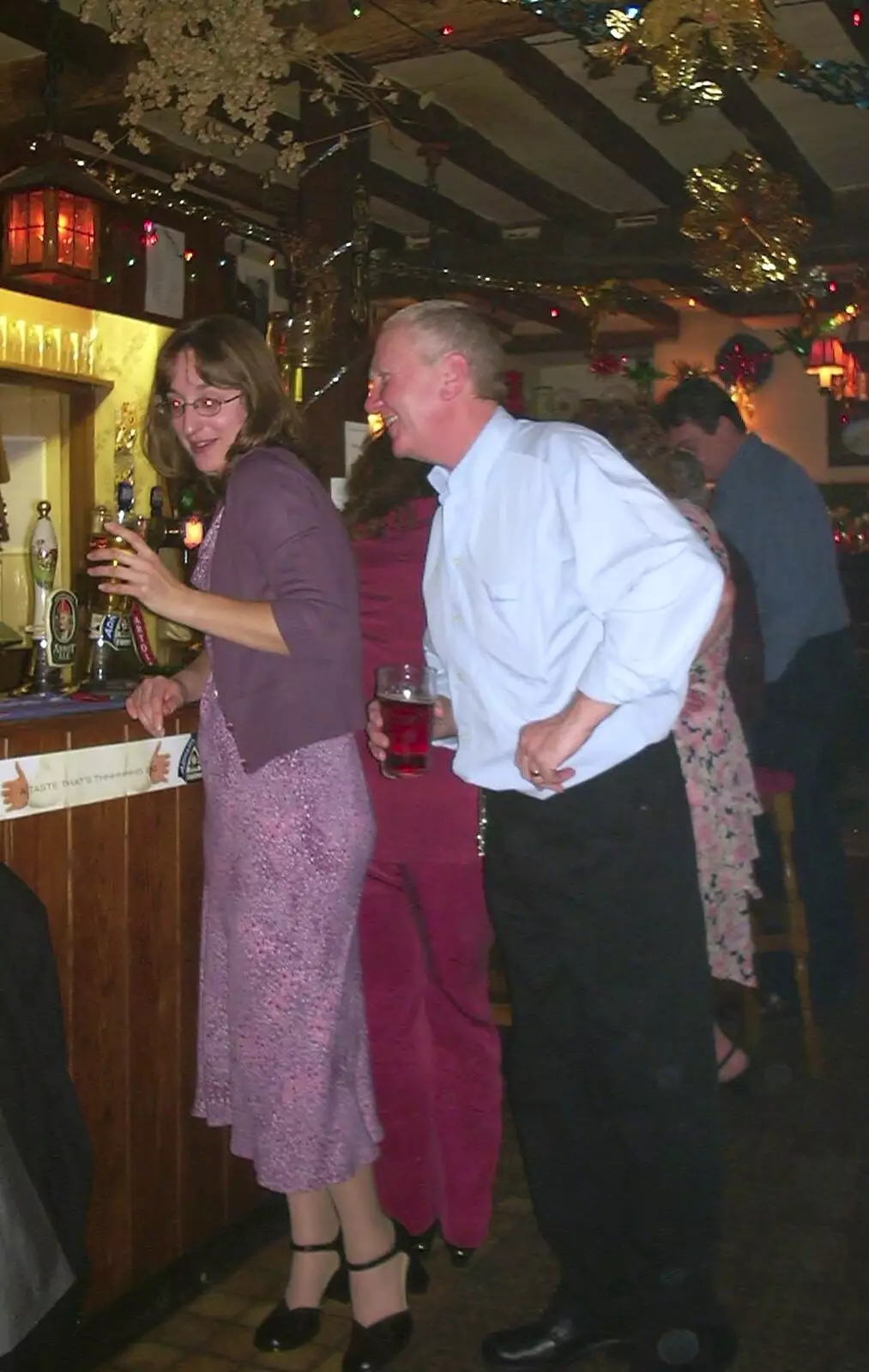 John Willy leans towards Suey, from The BSCC Christmas Dinner, Brome Swan, Suffolk - 10th December 2002