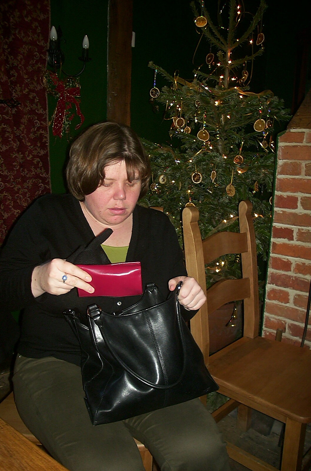 Sis hauls her purse out from The House in Snow and a Carburettor, Brome, Suffolk - 20th December 2002