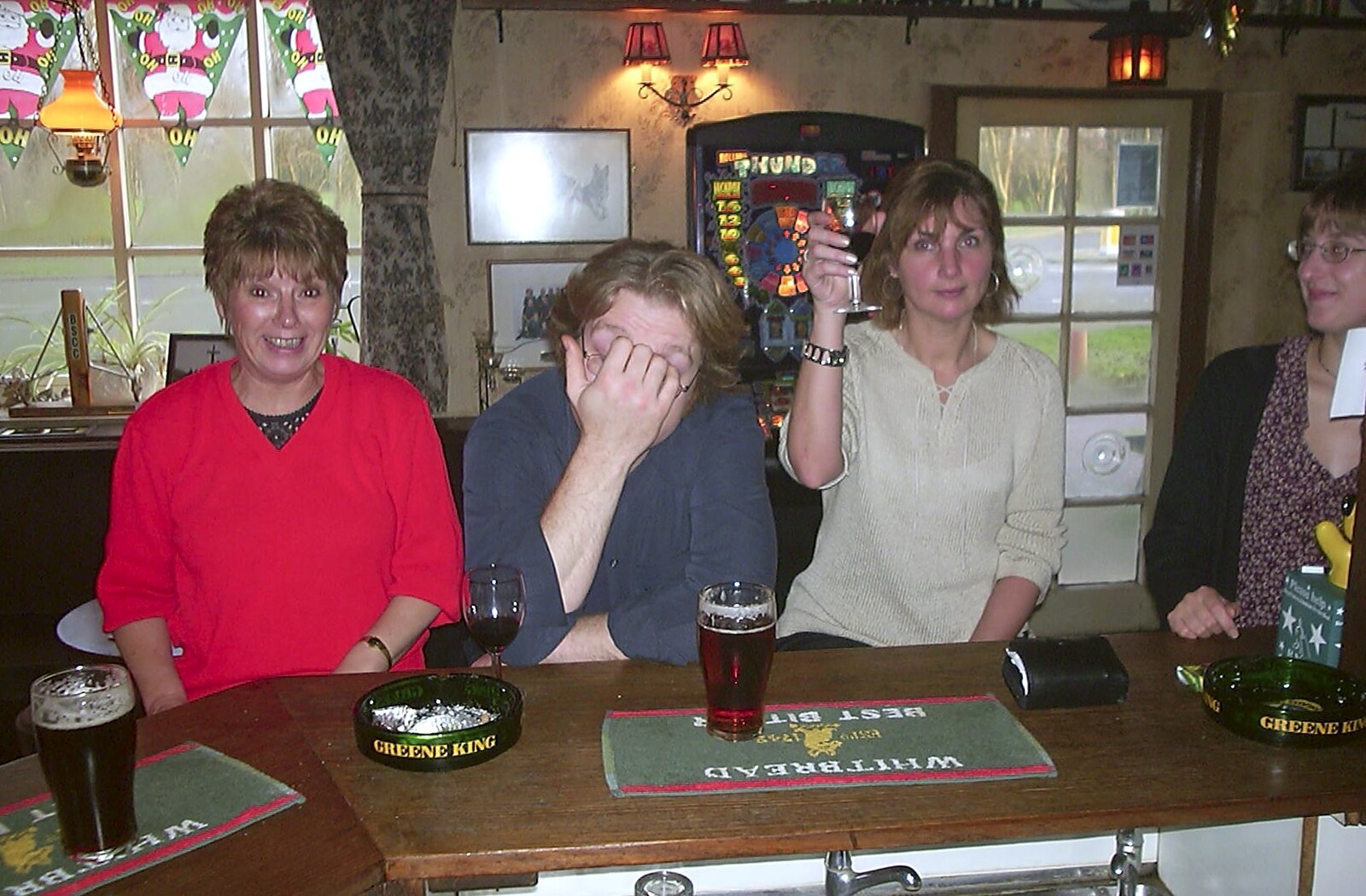 Anne gives it 'cheers' from Christmas Day at Nosher's, Brome, Suffolk - 25th December 2002