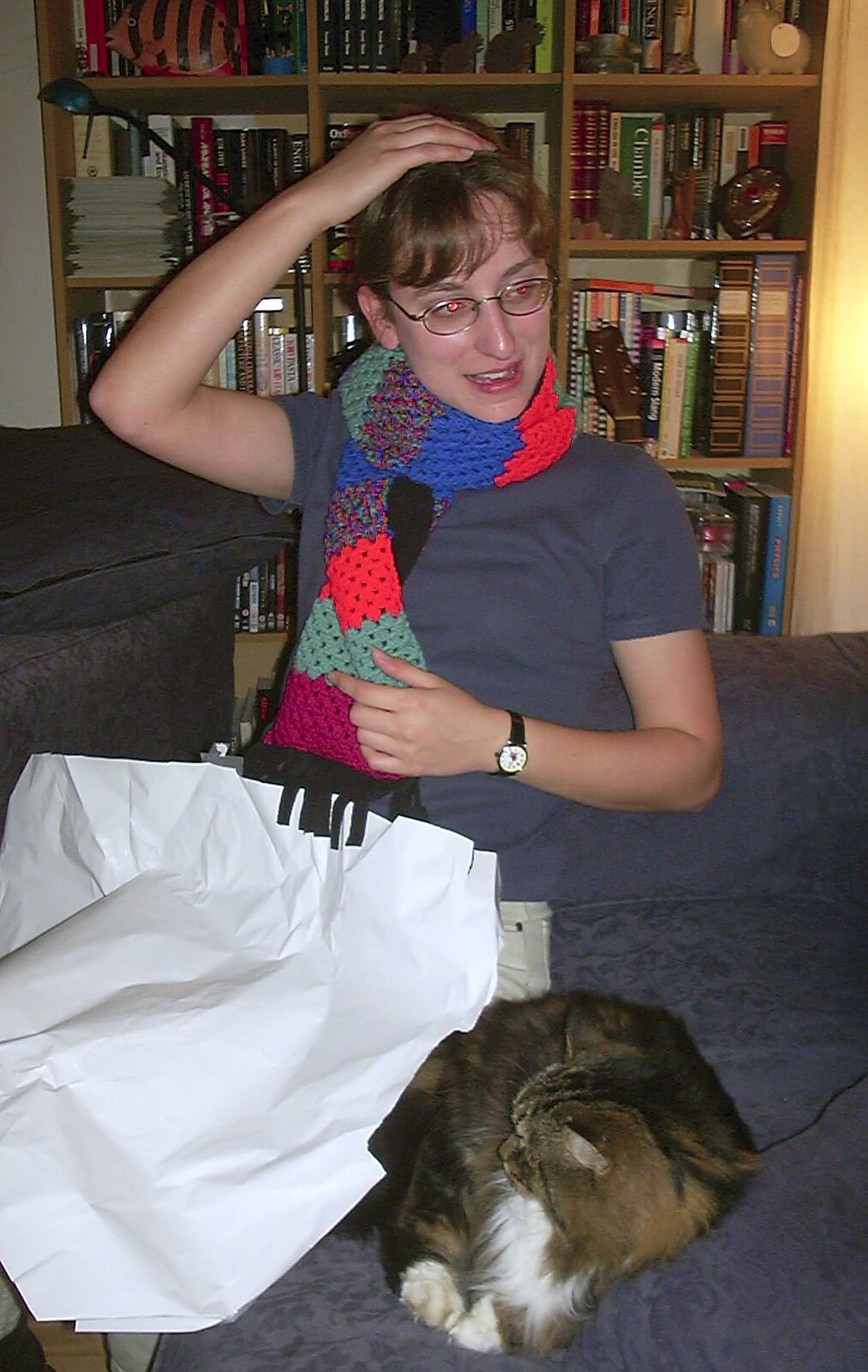 Suey tries on a Christmas scarf from Christmas Day at Nosher's, Brome, Suffolk - 25th December 2002