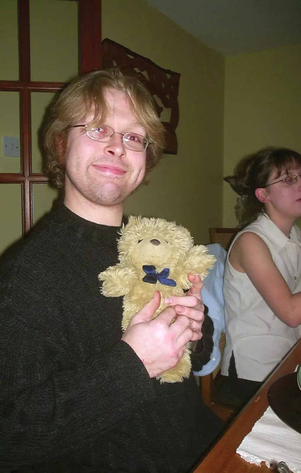 Marc's got a teddy bear from somewhere, from Anne's Curry Night, Thorndon, Suffolk - 13th January 2003