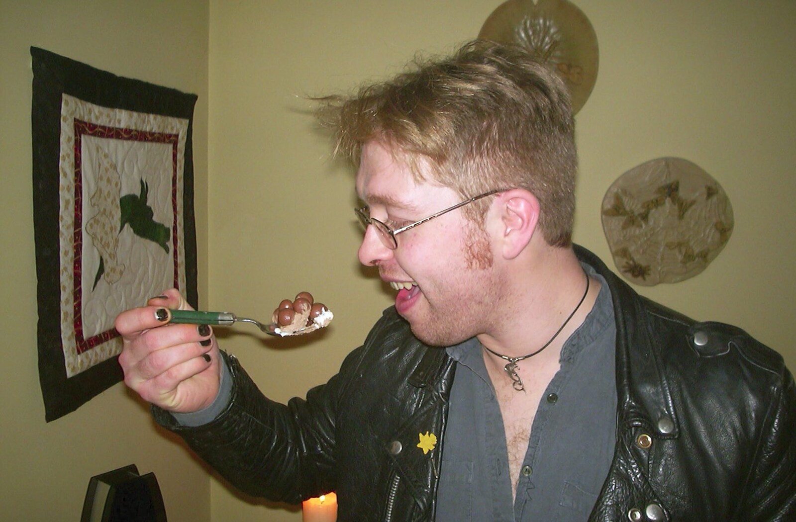 Marc eats something made from Maltesers from Anne's Gothic Night, Thorndon - 25th January 2003