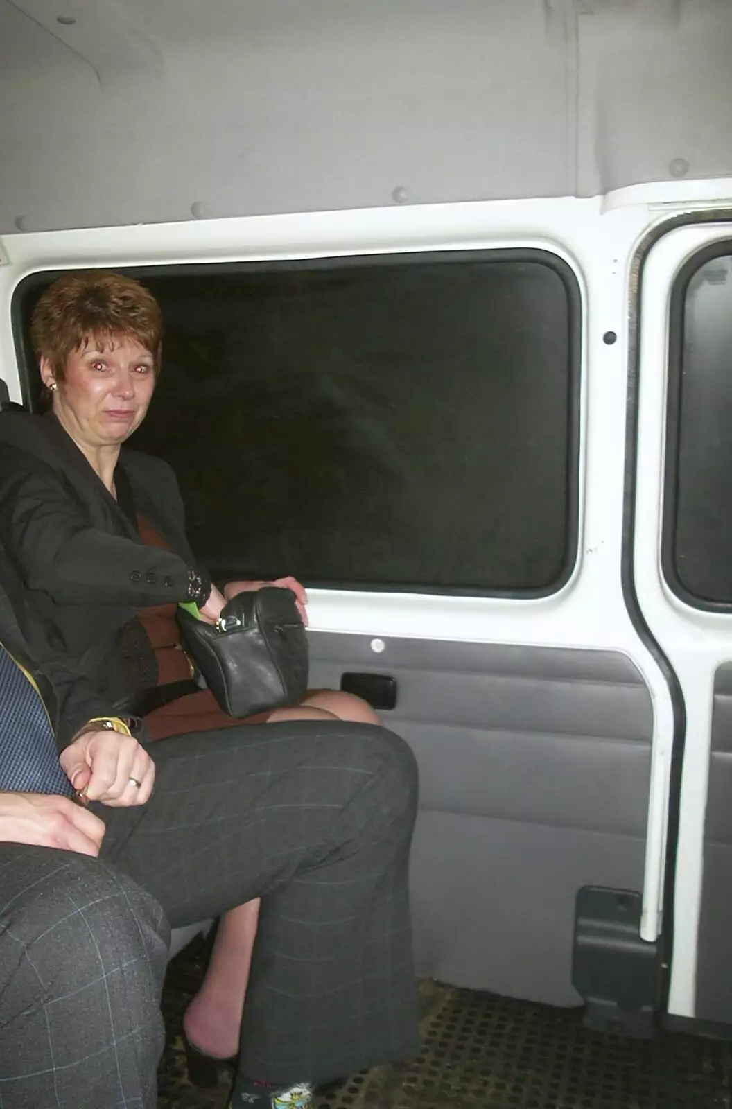 Jenny in the back of the taxi minibus, from Anne's Satis House Night, Yoxford, Suffolk - 11th March 2003