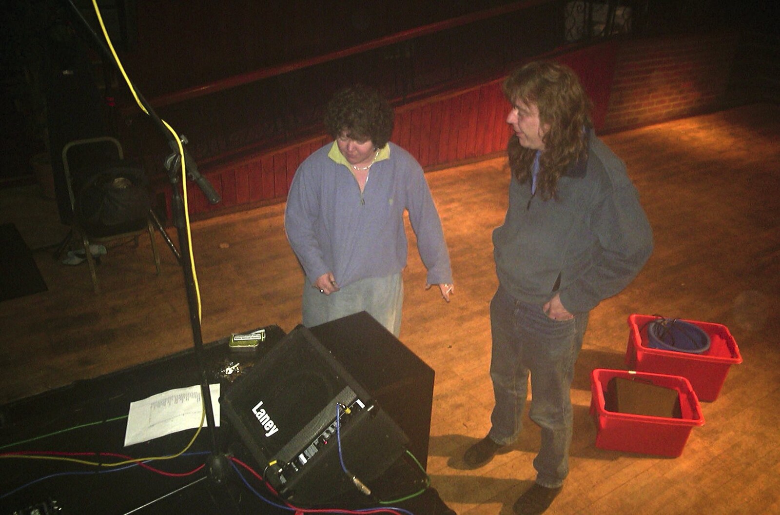 Jo and Max survery a pile of gear from The BBs at Eye Town Hall, Eye, Suffolk - 21st March 2003