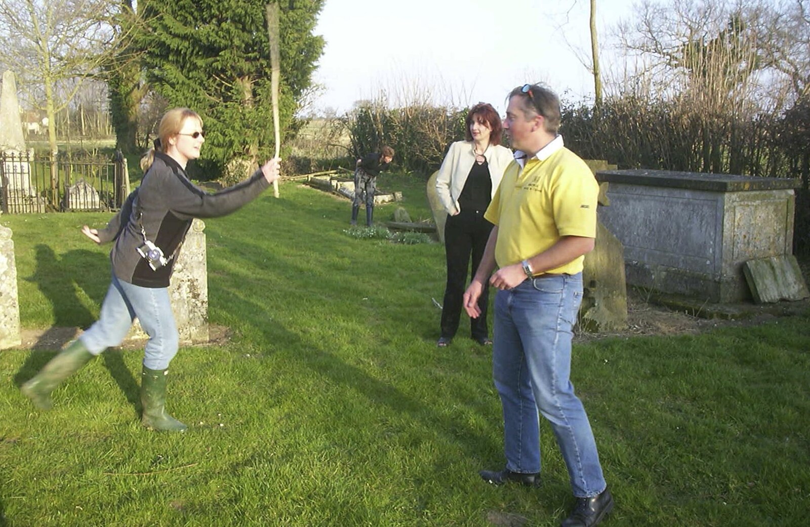 Carolyn on Sunday, Wymondham, Norfolk - 23rd March 2003: Carolyn thrashes Nigel with a stick