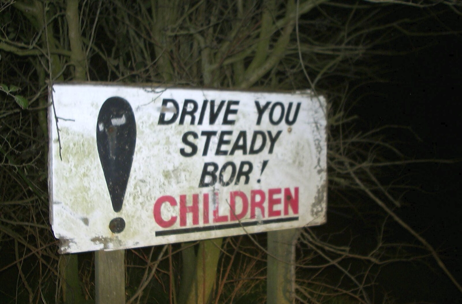 Carolyn on Sunday, Wymondham, Norfolk - 23rd March 2003: On the way back we spot this sign: 'Drive you steady bor!'