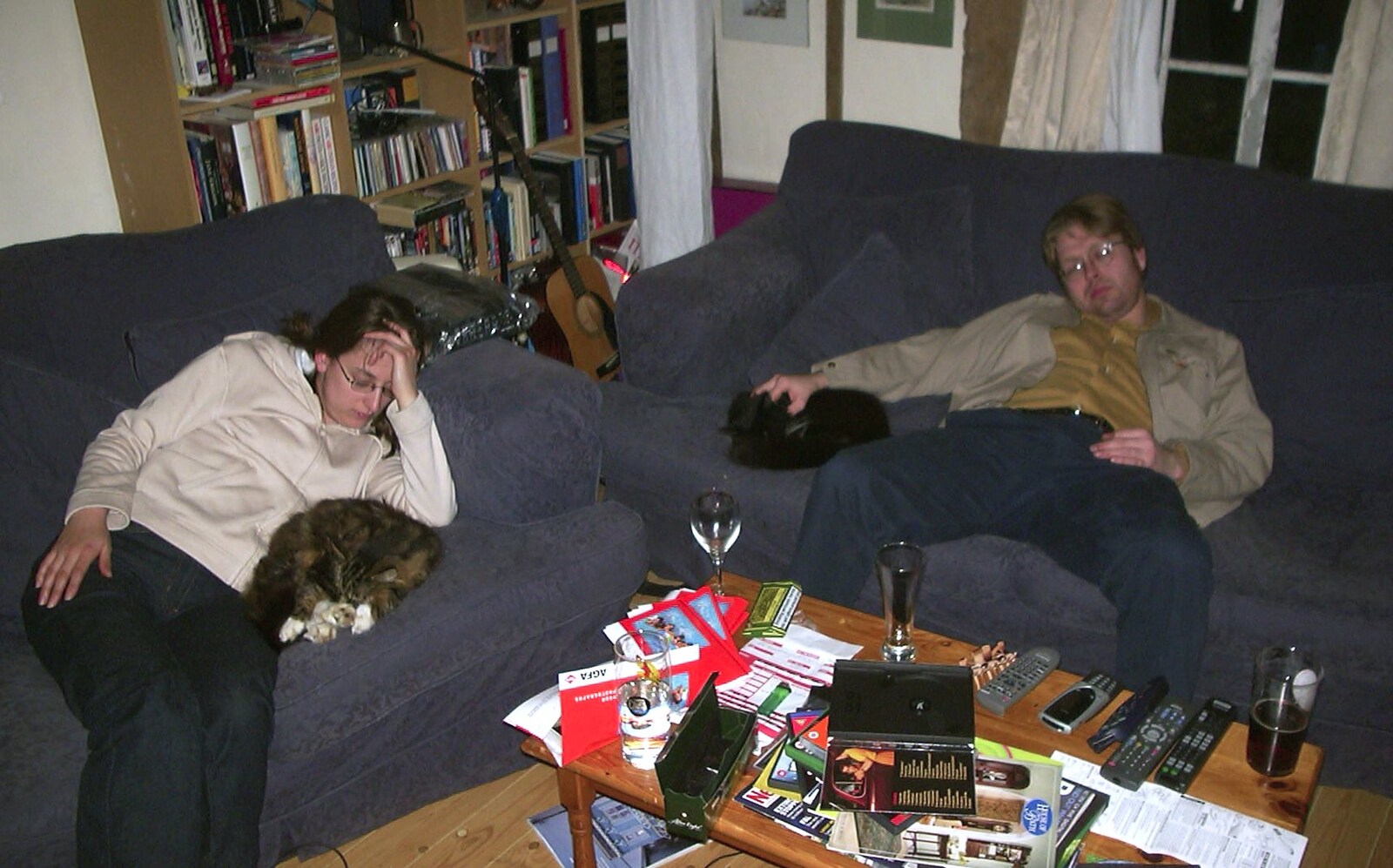 Suey and Marc are asleep, with a cat each from Dove House, and Dinner Round Anne's, Thornham and Eye, Suffolk - 11th April 2003