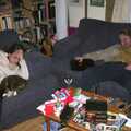 Suey and Marc are asleep, with a cat each, Dove House, and Dinner Round Anne's, Thornham and Eye, Suffolk - 11th April 2003