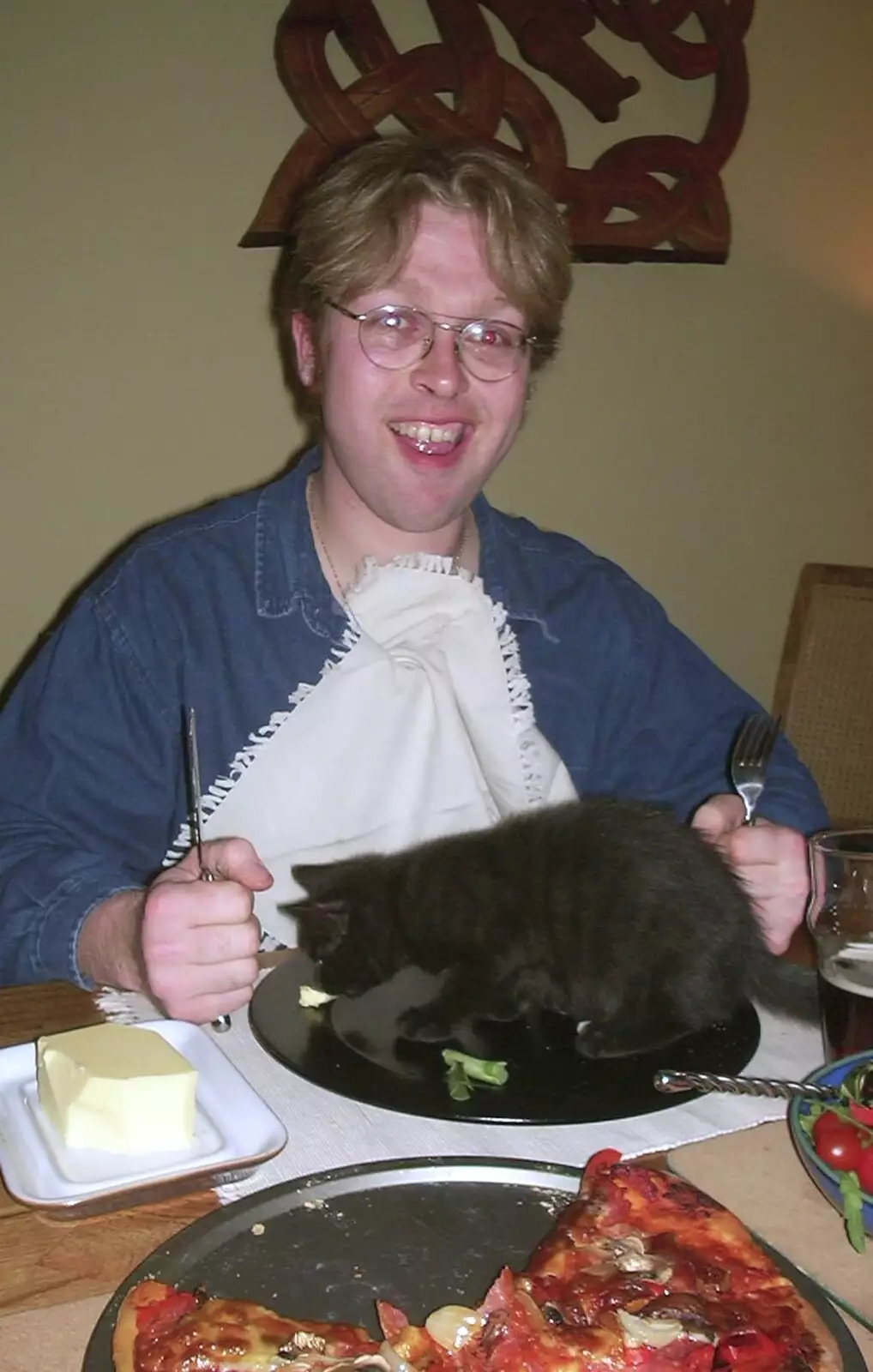 Marc's got kitten for tea, from Dove House, and Dinner Round Anne's, Thornham and Eye, Suffolk - 11th April 2003