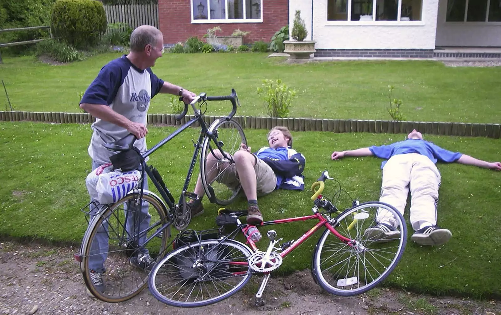 Marc gets a bicycle in the groin, from The BSCC Bike Ride Weekend, Kelling, Norfolk - 9th May 2003