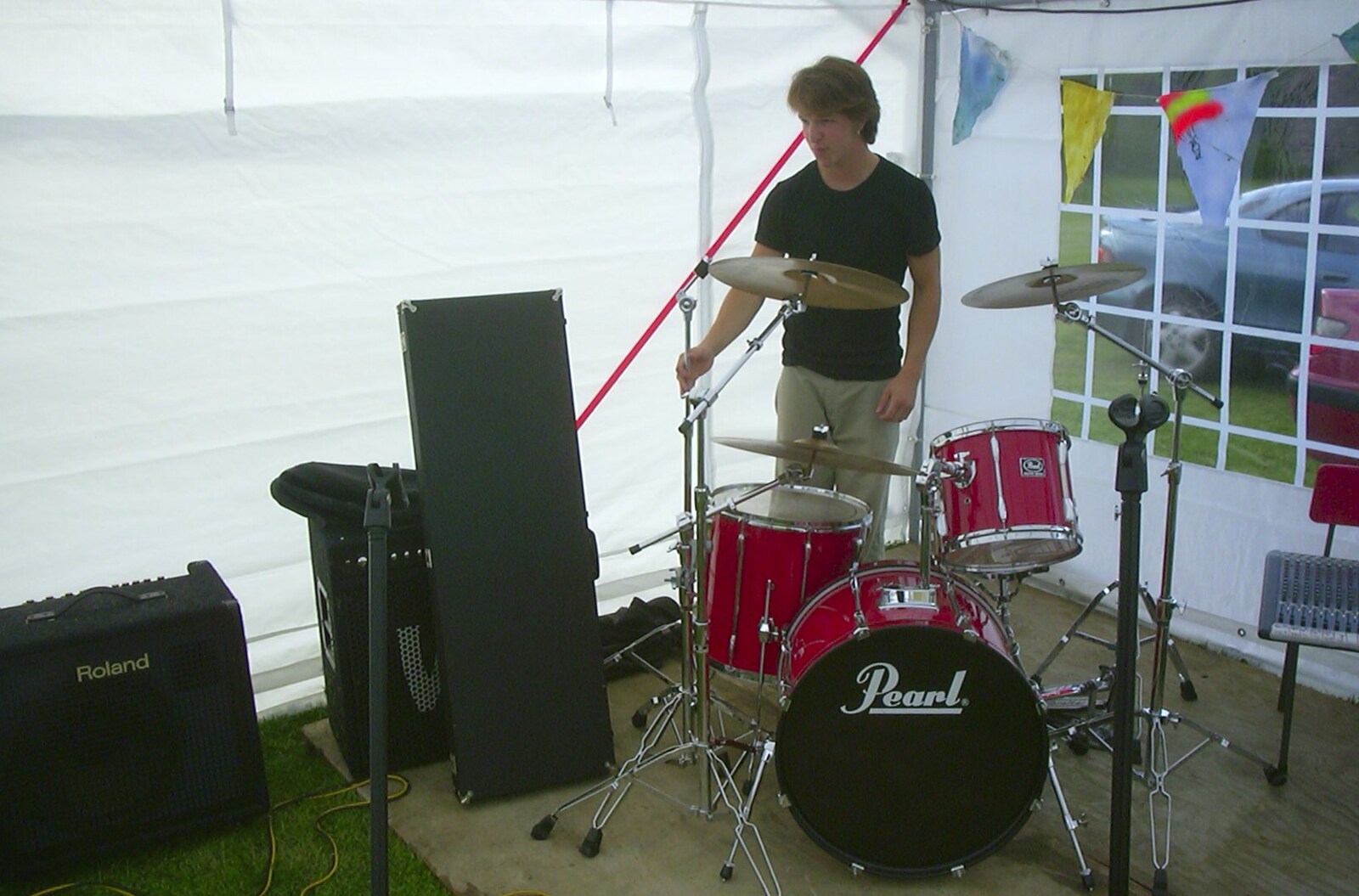Danny sets up his drum kit from The BBs at BOCM Pauls Pavillion, Burston, Norfolk - 20th May 2003