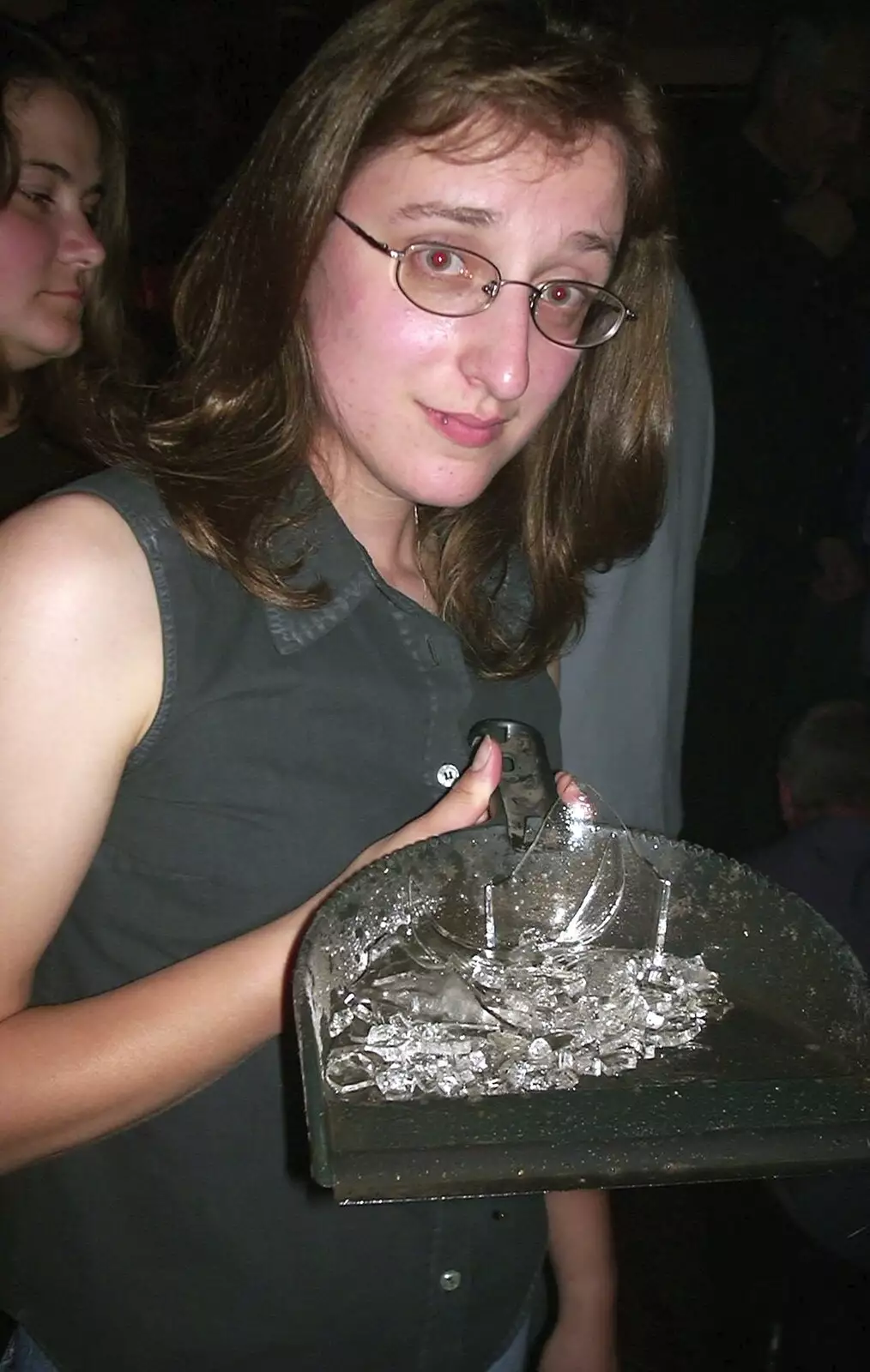 Suey scoops up a broken glass, from Longview and The BBs, Norwich and Banham, Norfolk - 4th July 2003