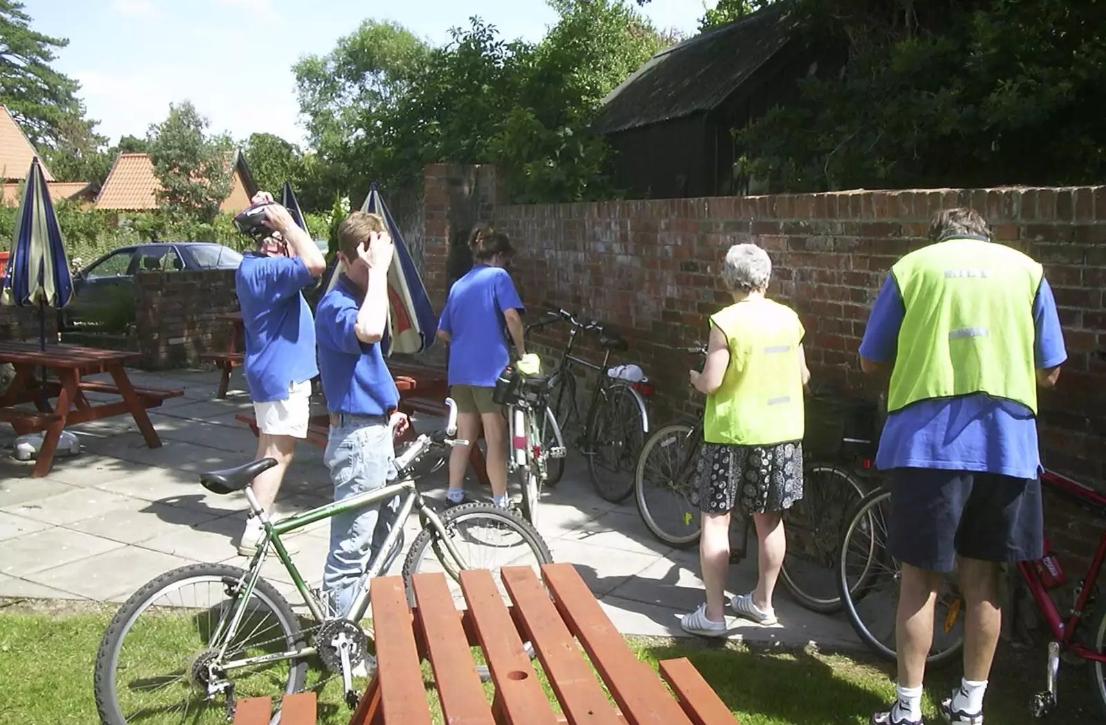 Ninja M parks his bike up, from The BSCC Annual Bike Ride, Orford, Suffolk - 12th July 2003