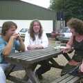 Danny, Max and Jo chat on a bench, The BBs at Great Ellingham, Norfolk - 18th July 2003
