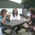 Danny, Max and Jo chat on a bench, The BBs at Great Ellingham, Norfolk - 18th July 2003