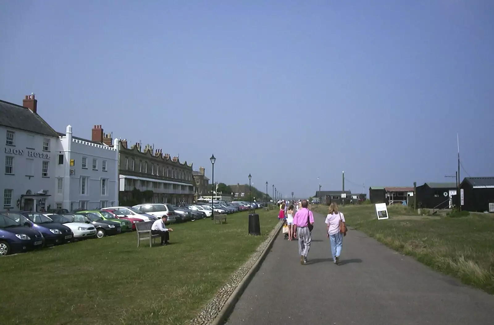 Mother and Mike walk along the sea front promenade, from Mother and Mike Visit Aldeburgh, Suffolk - 8th August 2003