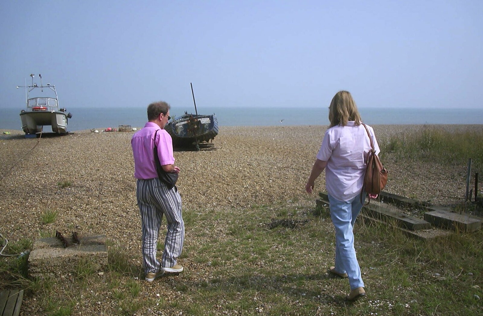 Mike and Mother on the shingle beach from Mother and Mike Visit Aldeburgh, Suffolk - 8th August 2003