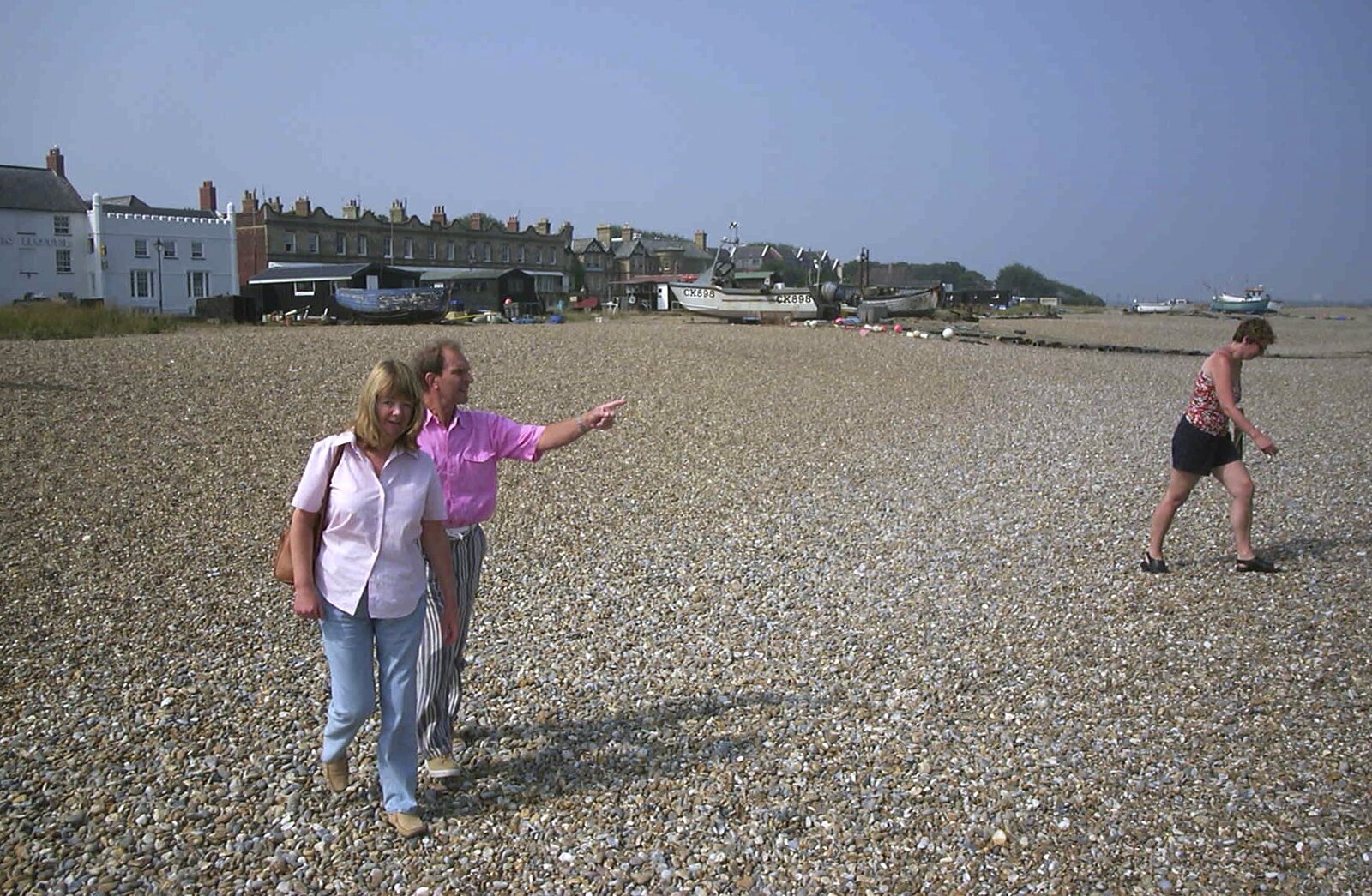 Mike points out to sea from Mother and Mike Visit Aldeburgh, Suffolk - 8th August 2003
